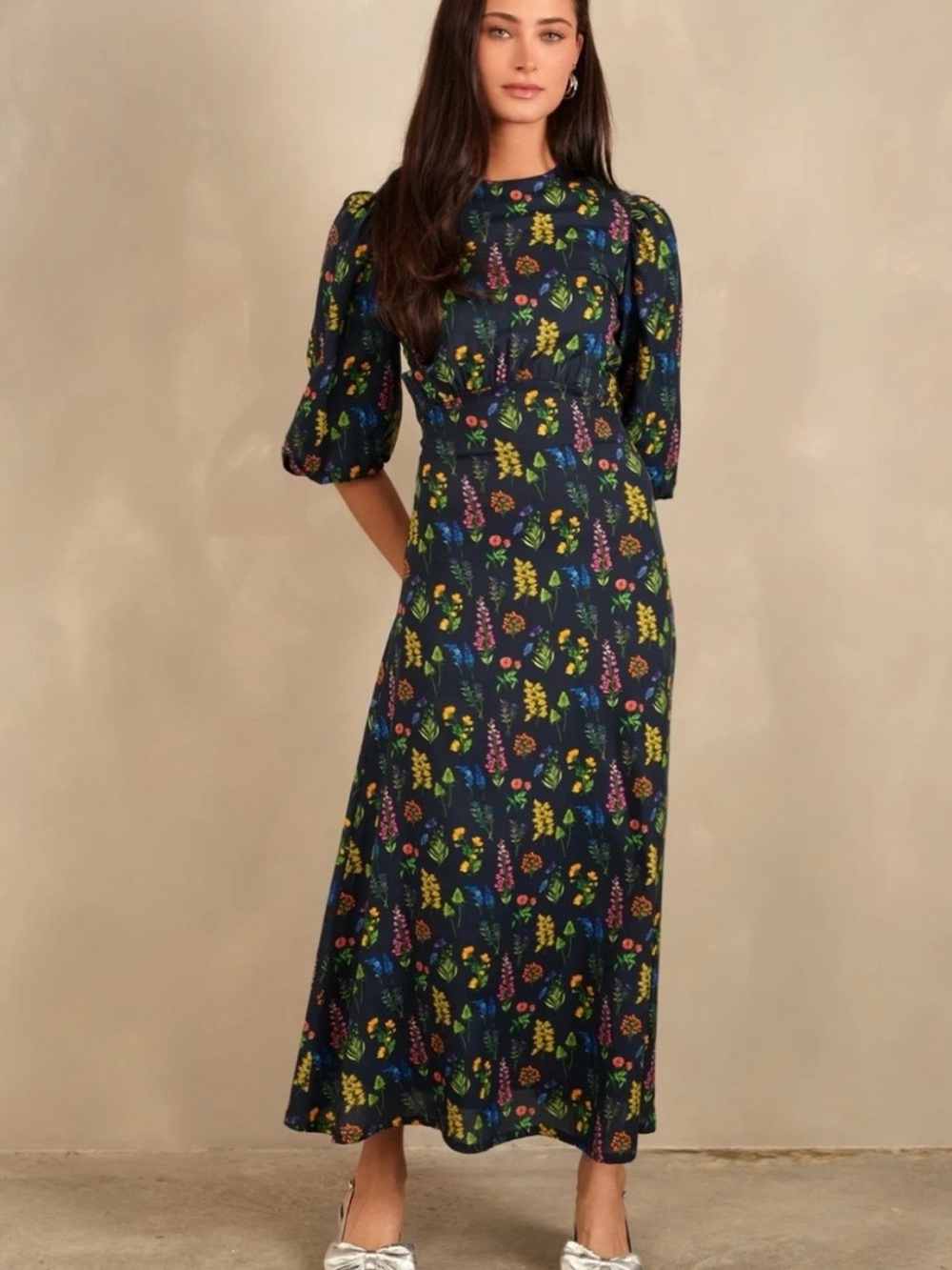 Navy Floral Maxi Dress with Puff Sleeves